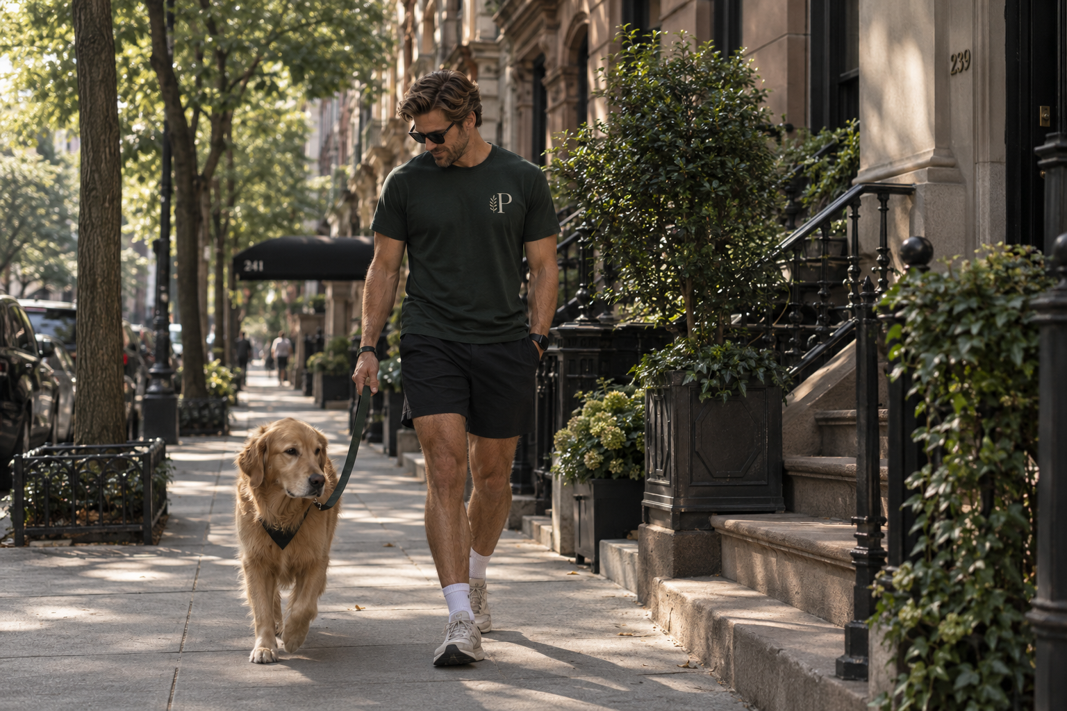Brad walking a golden retriever on an Upper West Side street