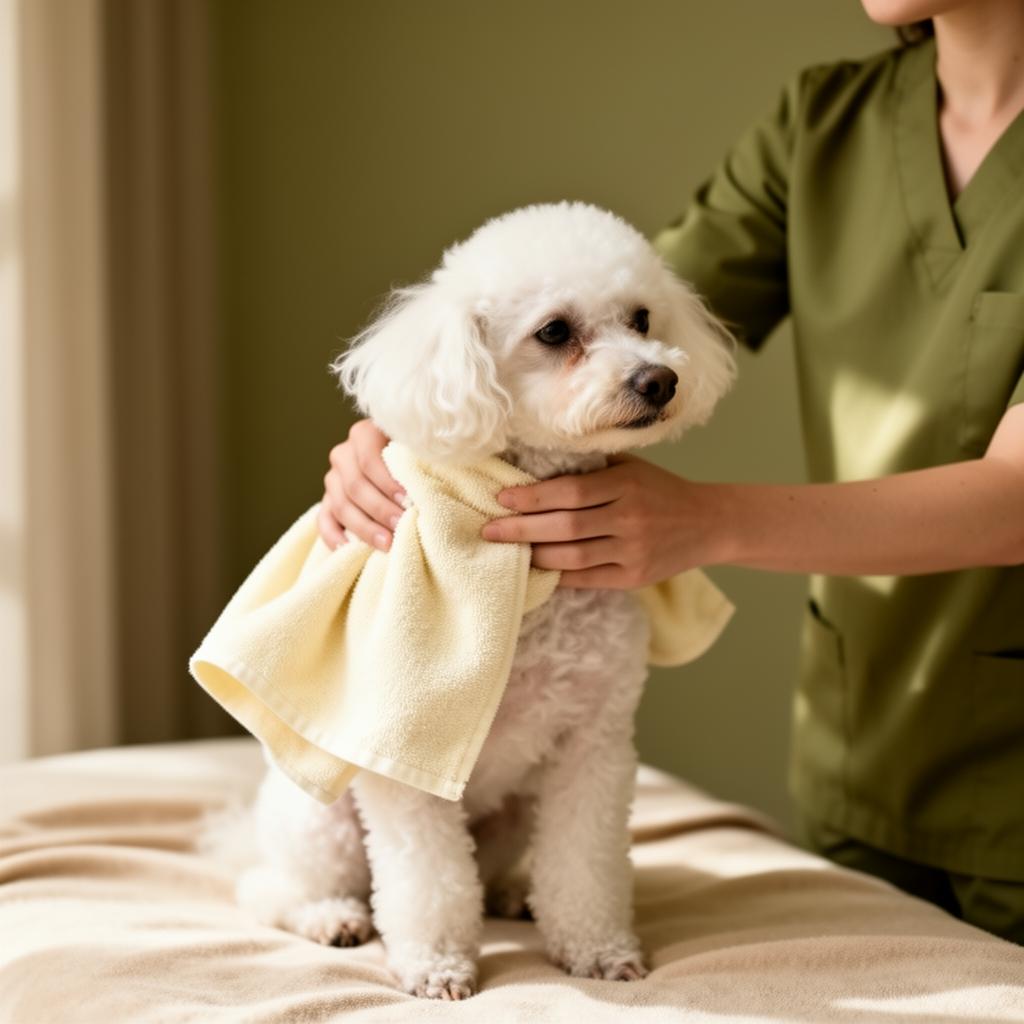 A small poodle receiving a paw wipe-down