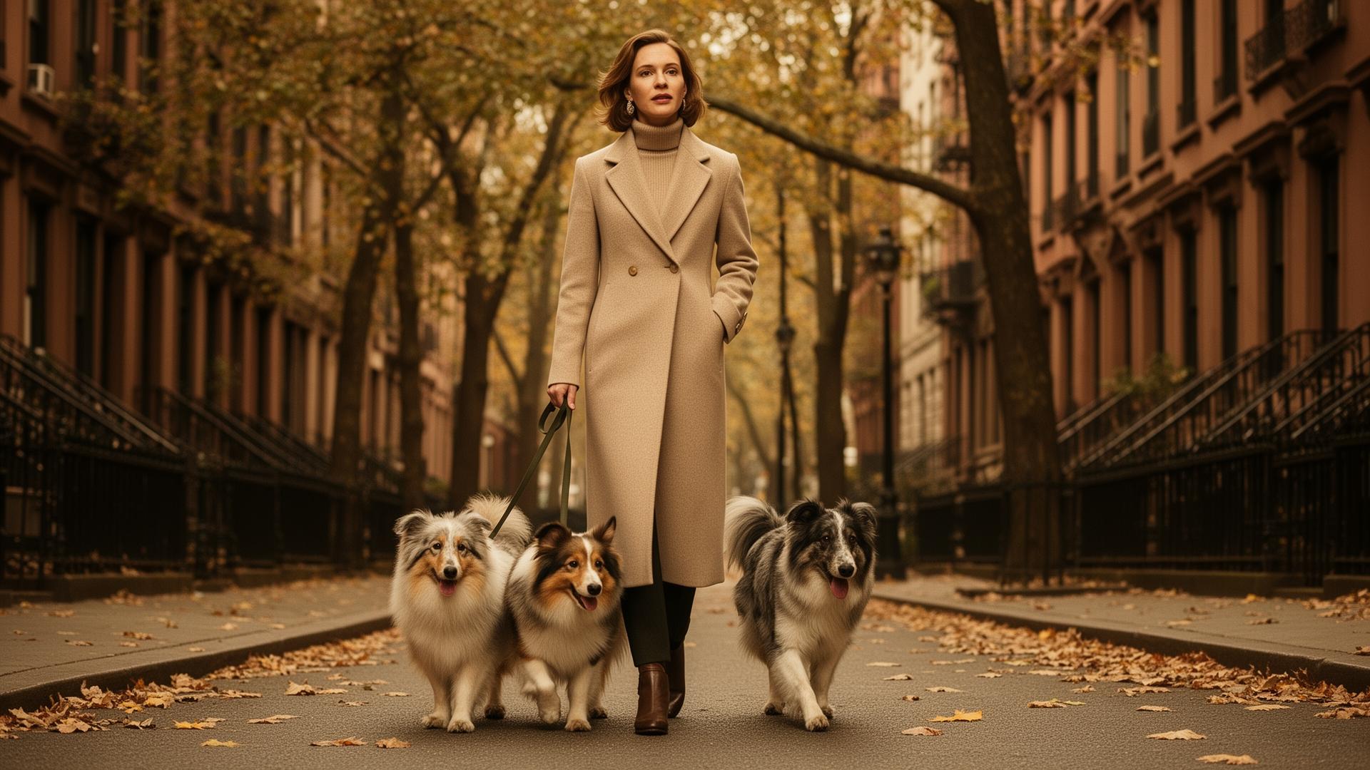 A Puppercise walker in a beige coat walking two dogs on an Upper West Side street