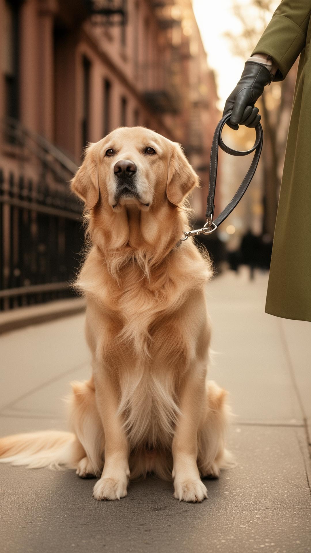 A golden retriever on a leather leash on an Upper West Side brownstone street